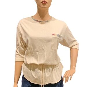 Silver Threads Ltd Jersey Blouse Gathered Waist 3/4 Sleeves Cream w/ Multi 1X-2X